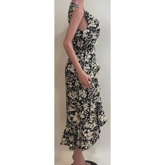 Rebecca Minkoff Assia Faux-Wrap Midi Dress Size S Black Cream Floral Flounce - Picture 4 of 14
